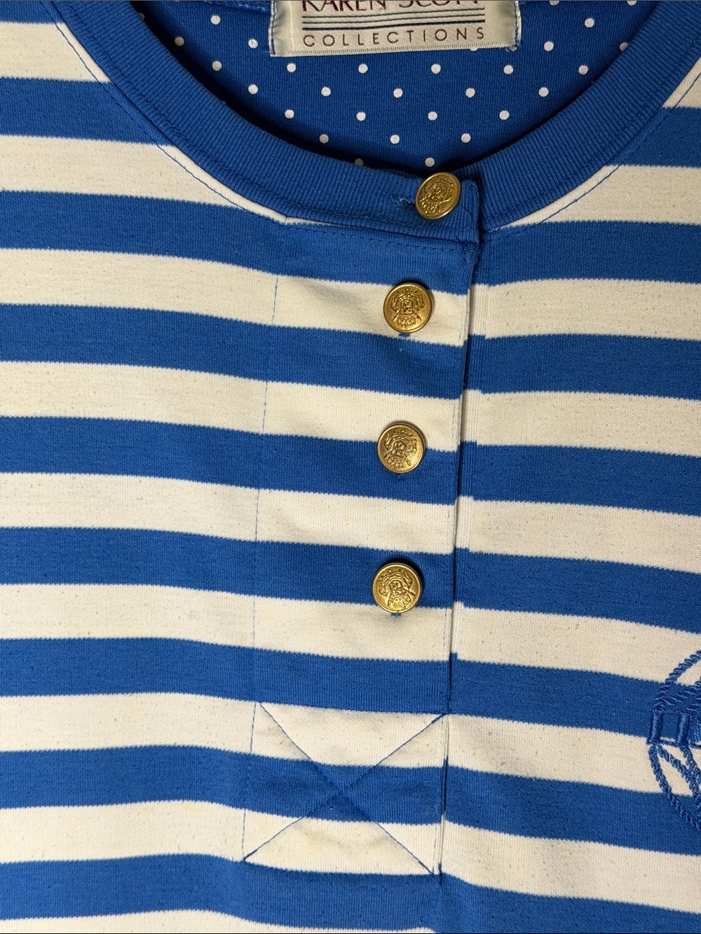 Karen Scott Blue & White Striped 3/4” Sl Henley w/Embroidered Anchor&Rope Sz L - Picture 3 of 6